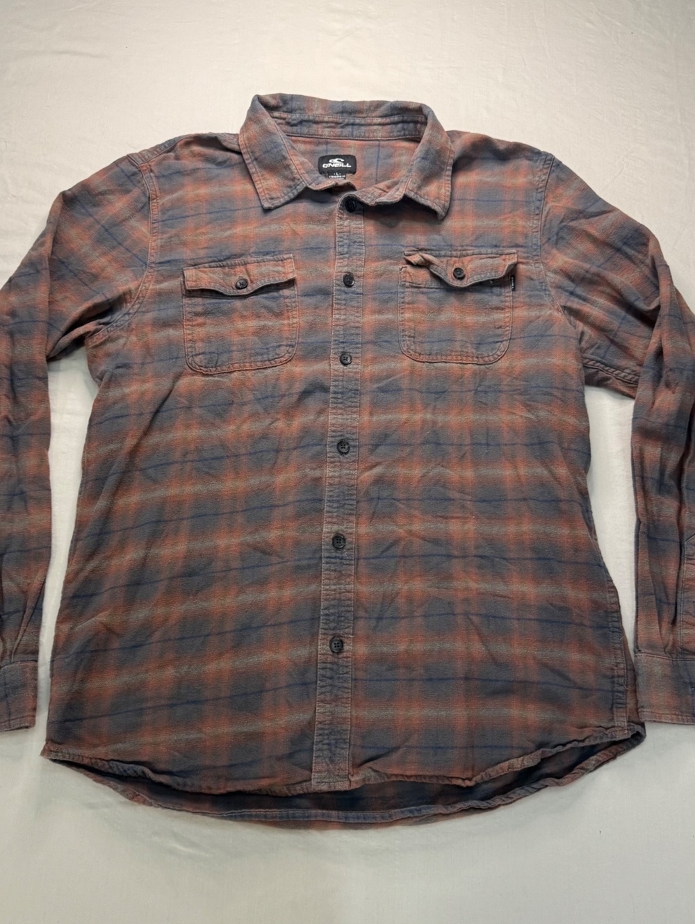 O’Neill Plaid Flannel Shirt Men’s L Brown Blue Rust 2 Pocket Surf Skate Grunge
